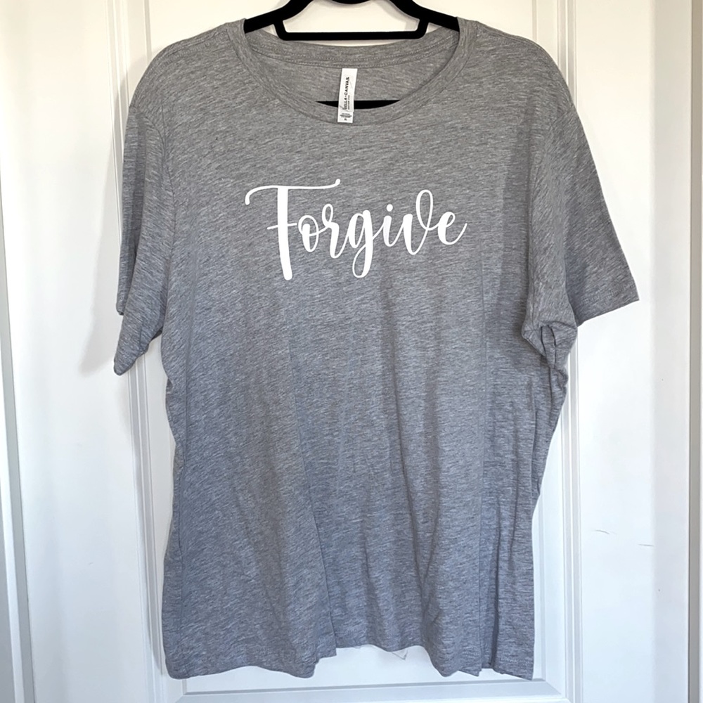 XL Bella Canvas Graphic T. Gray Forgive in White. Soft. Boutique logo on back.